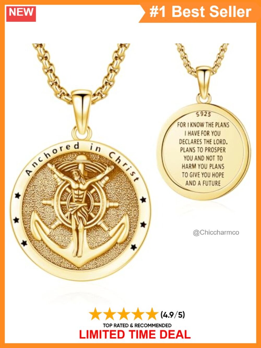 18K Gold Plated Anchor Jesus Cross Pendant Necklace 925 Sterling Silver
